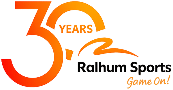 Ralhum Sports logo celebrating 30 years with orange and black design on a white background.